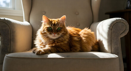 A calm, fluffy orange cat relaxing in a cozy chair with sunlight streaming in, creating a warm, peaceful atmosphere.