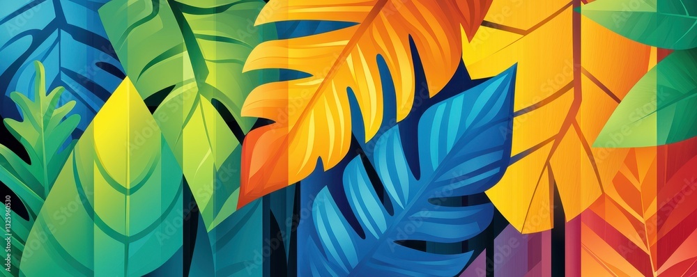 Poster A vibrant array of colorful leaves in various shades, creating a lively, tropical feel that showcases nature's beauty.