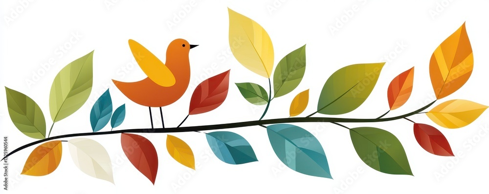 Poster a vibrant illustration featuring a colorful bird perched on a branch adorned with autumn leaves in v