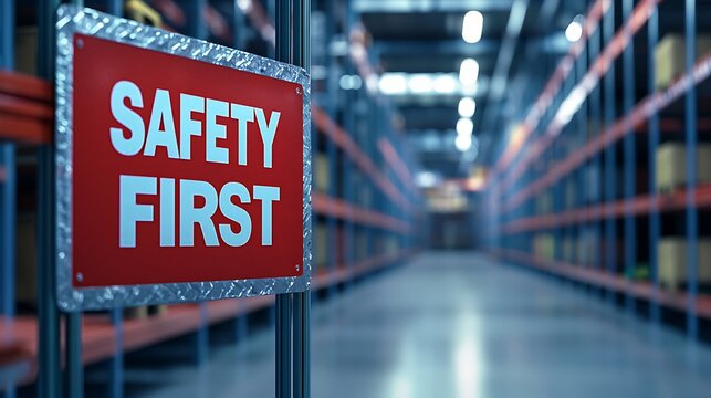 A warehouse interior featuring a prominent "Safety First" sign, emphasizing the importance of safety in industrial environments.