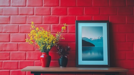 On a wooden table, a framed landscape photograph is set against an interior with a rustic brick wall