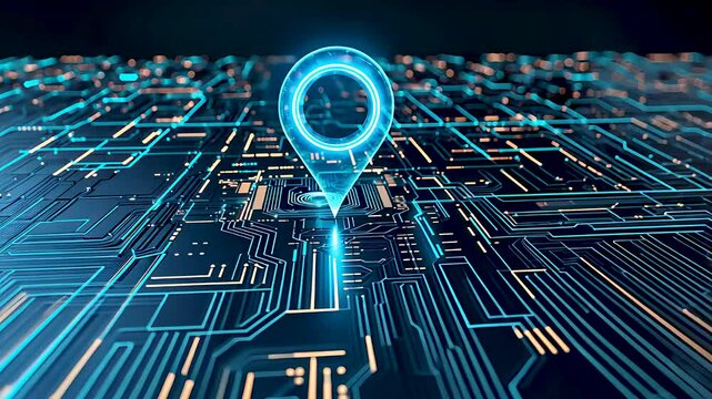 Futuristic digital circuit board with glowing location pin representing high-tech GPS and navigation
