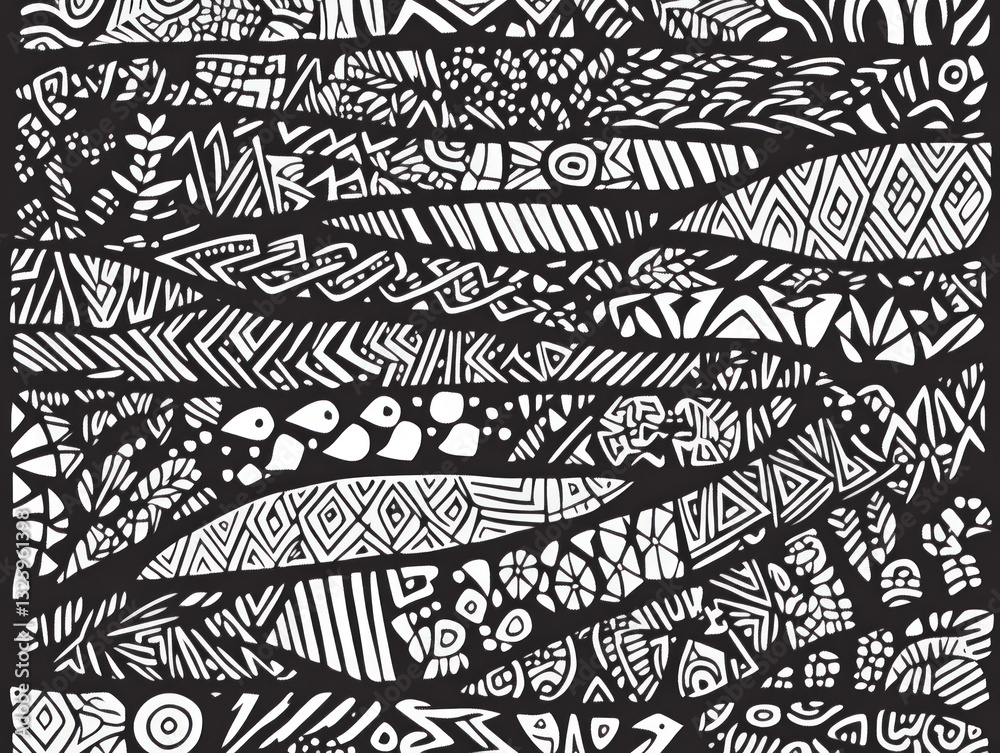 Poster Abstract monochrome pattern with detailed geometric shapes creating dynamic textures and visual complexity