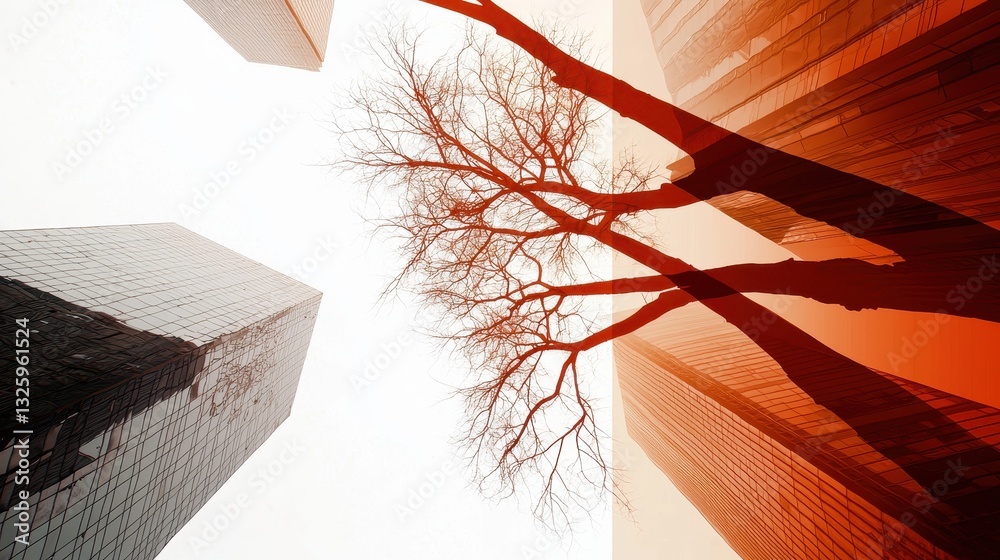Poster A striking image of a leafless tree silhouetted against towering skyscrapers, creating a dramatic interplay of nature and urban architecture.