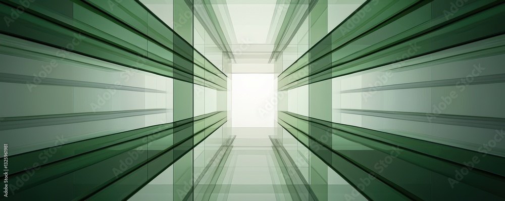 Poster a modern, abstract image featuring green glass panels converging toward a bright light, creating a s