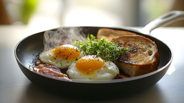 A skillet with two fried eggs, crispy bacon, toasted bread, and fresh greens, creating a delicious breakfast scene. Concept Breakfast Skillet, Fried Eggs, Crispy Bacon, Toasted Bread, Fresh Greens