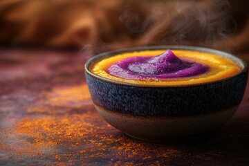A vibrant bowl of steaming soup, showcasing a fusion of colors and textures, with a smooth yellow base and a striking purple swirl topping for an exotic dining experience