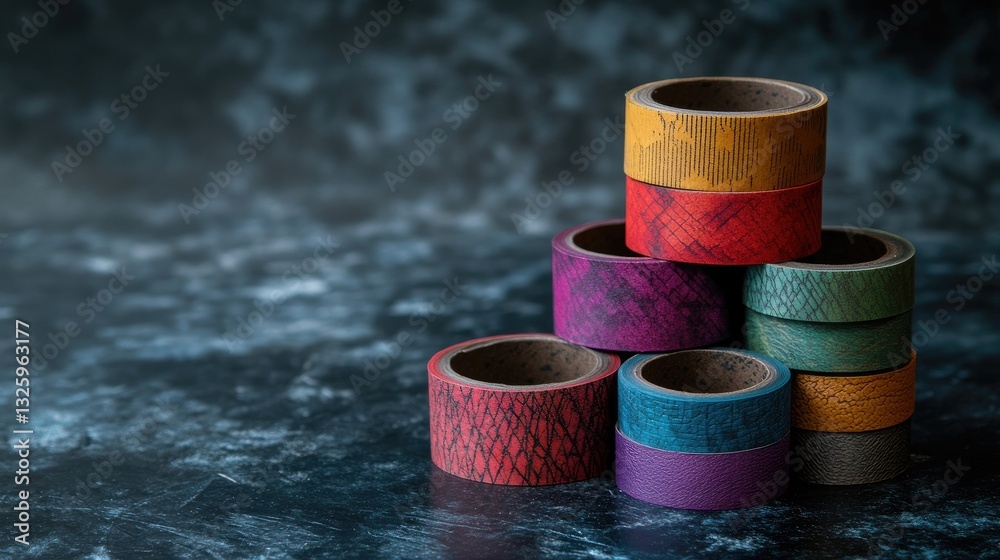 Poster a set of decorative textured adhesive tape rolls in different shades, stacked on a dark surface, ide