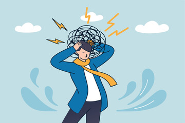 Overthinking, too much worried, stress or anxiety, self doubt, fear or indecision, obsession thoughts, mental exhaustion or negative emotional, overload concept, businessman overthinking mess head.
