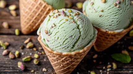 Fototapeta premium Pistachio ice cream cones adorned with mint leaves and nuts on a rustic wooden table, featuring space for text