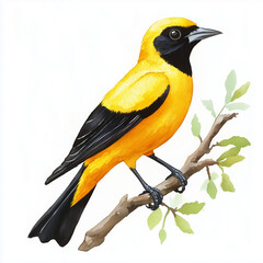 Naklejka premium Illustration of the Oriole sitting on the branch, soft watercolor tones, white background, detailed illustration, cartoonish.