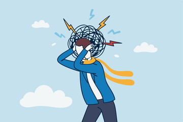 Overthinking, too much worried, stress or anxiety, self doubt, fear or indecision, obsession thoughts, mental exhaustion or negative emotional, overload concept, businessman overthinking mess head.