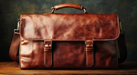 An up-close view of a vintage brown leather bag pocket, emphasizing its texture and craftsmanship, displayed on a rustic wooden surface