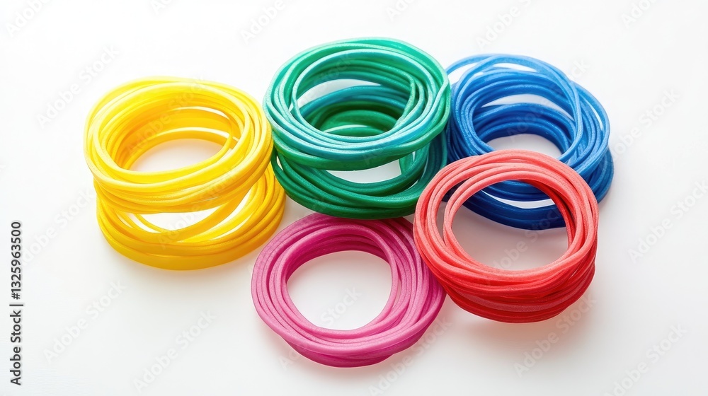 Poster a set of multi-colored rubber bands arranged neatly on a white background, ideal for use in crafts, 