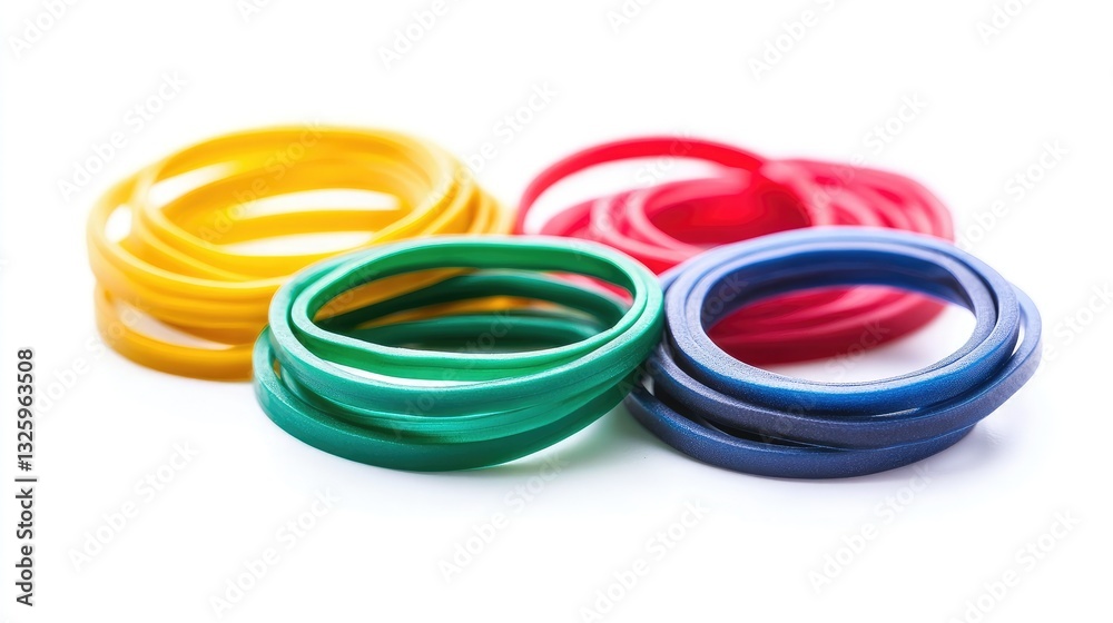 Poster a set of multi-colored rubber bands arranged neatly on a white background, ideal for use in crafts, 