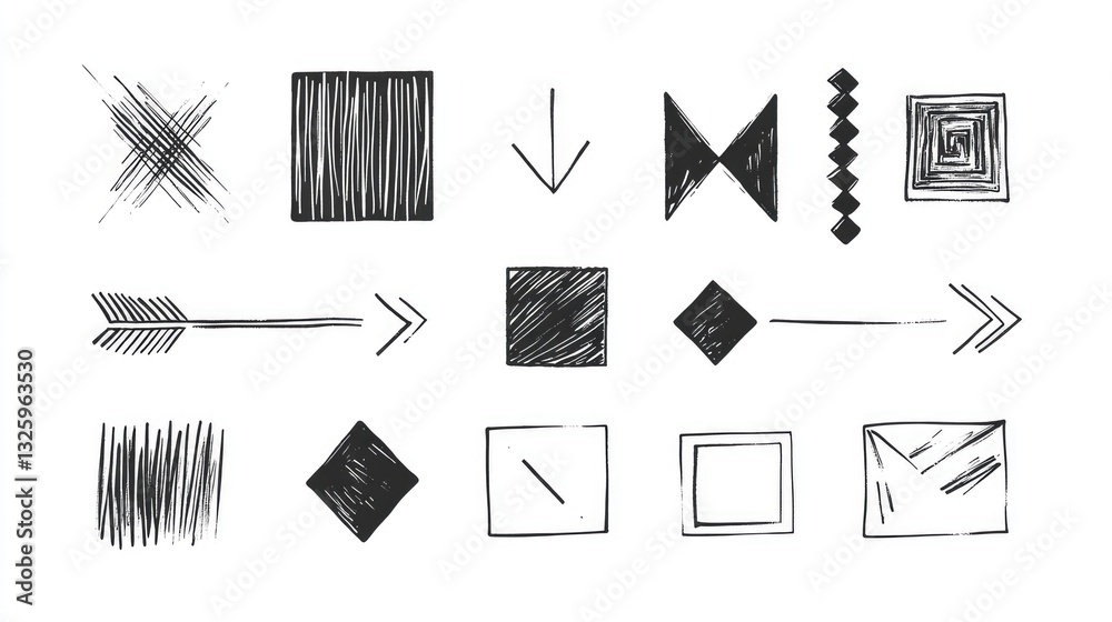 Poster a set of hand-drawn shapes including squares and arrows, isolated on a white background, showcasing 