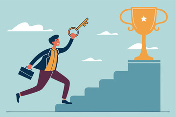 Unlock key to success, solution to achieve winning opportunity, chance or challenge, ambition or motivation to succeed in life, hard work, businessman with key to success to unlock winning trophy.