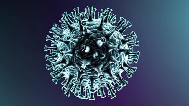Microscopic 3D rendering of a virus, like coronavirus or CMV, showing its complex protein spike structure.