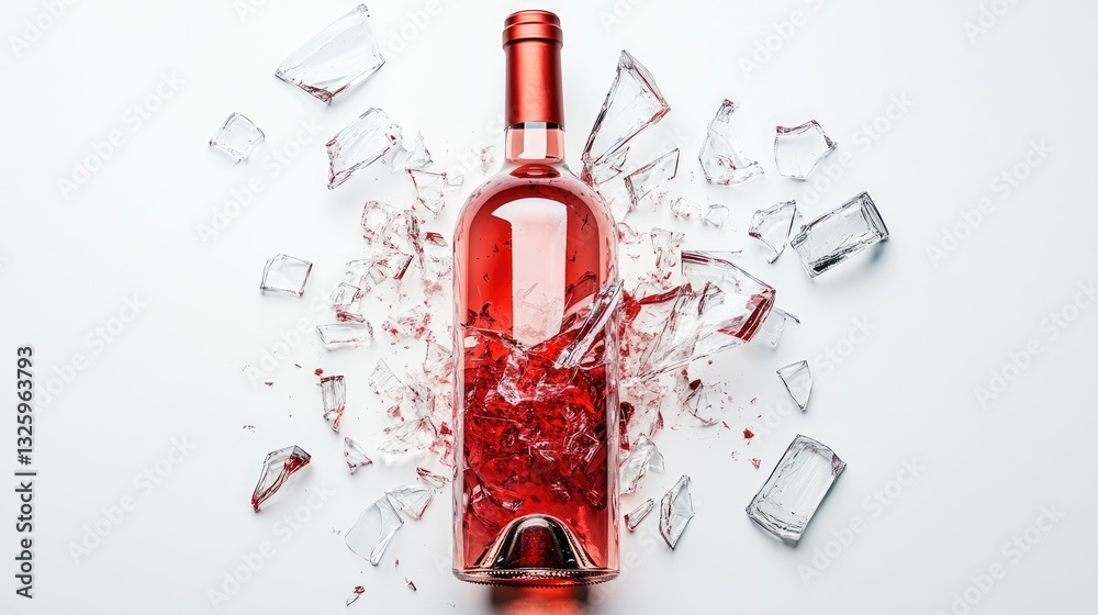 Poster a shattered wine bottle with glass shards surrounding it, isolated on white, emphasizing the jagged 