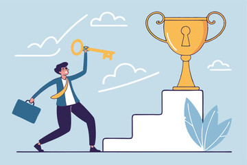 Unlock key to success, solution to achieve winning opportunity, chance or challenge, ambition or motivation to succeed in life, hard work, businessman with key to success to unlock winning trophy.