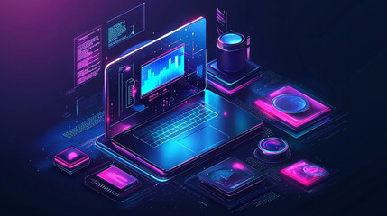 Modern laptop technology digital data processing neon colors abstract background code lens blue pink