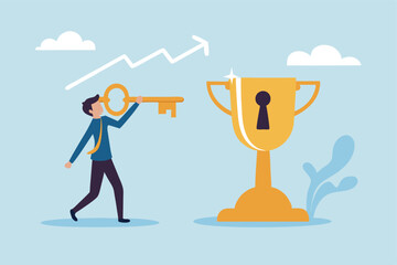 Unlock key to success, solution to achieve winning opportunity, chance or challenge, ambition or motivation to succeed in life, hard work, businessman with key to success to unlock winning trophy.