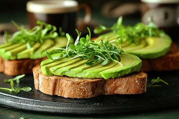 Three avocado toasts topped with fresh sprouts on a wooden board, a healthy and colorful appetizer or light meal, presented against a dark moody background in natural light.