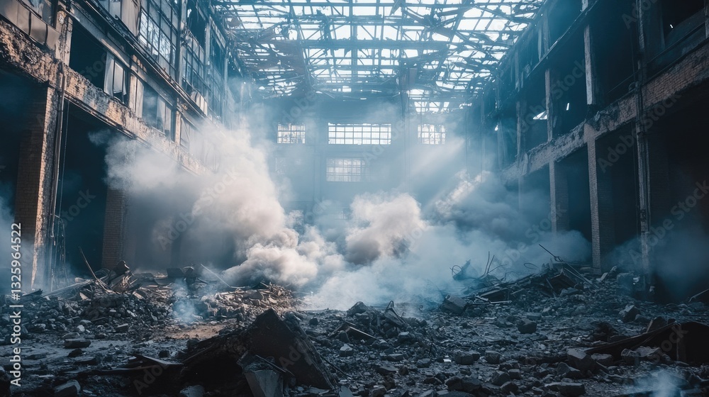 Poster a smoky interior of a demolished industrial building with dust and debris floating in the air, showc