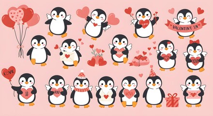 Obraz premium A charming set of Valentine-themed penguin clipart, featuring adorable penguins with hearts, love messages, and romantic elements, perfect for decorations and designs.
