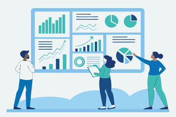 Fototapeta premium Data analysis, marketing research, statistics visualization graph and chart model, prediction benchmark or analytics diagram, insight and trend, business people look at data analysis graph and chart.