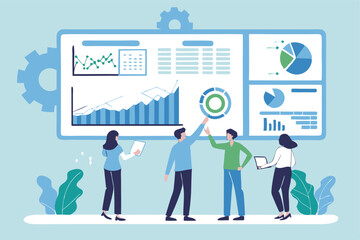 Data analysis, marketing research, statistics visualization graph and chart model, prediction benchmark or analytics diagram, insight and trend, business people look at data analysis graph and chart.