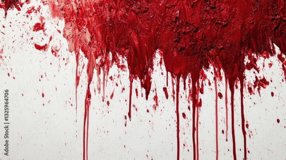 Poster A striking abstract composition of red paint splashes and drips on a white canvas, offering a vivid texture and dynamic visual for modern art enthusiasts