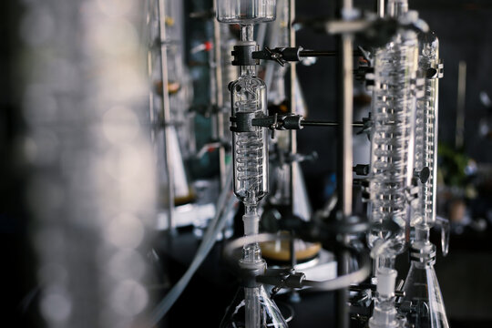 selective focus Glassware in the laboratory Soxhlet Extractor.Percolator-boiler and reflux, distillation flask on the heating element.Organic chemistry class.Pharmacy Extraction