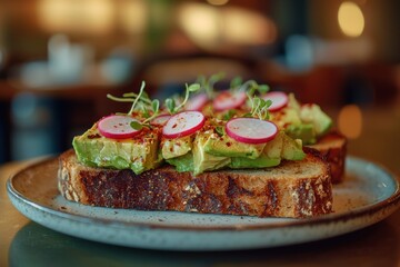 An avocado toast topped with radish slices and sprouts, seasoned with spices, served on a plate, presenting a healthy and delicious meal in a cozy, blurred setting.
