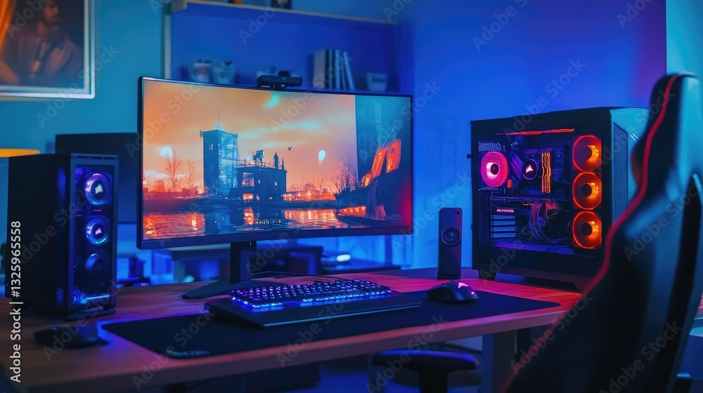 Poster a stylish computer workstation featuring an ultrawide curved gaming monitor, accompanied by a powerf