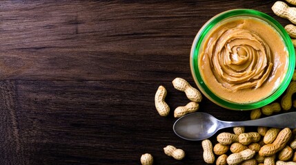 Creamy Peanut Butter in Jar  Wooden Table  Peanuts  Spoon