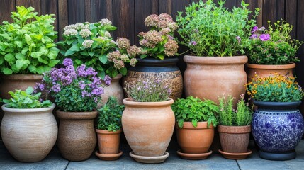 Garden pots filled with different plants, set in a tidy outdoor environment, exhibiting lively greenery and bright foliage