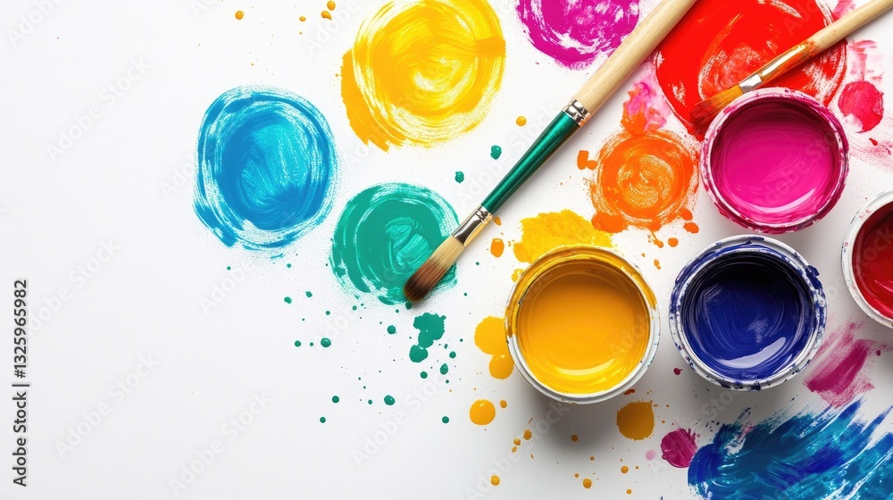 Poster a top view of colorful paint buckets with a paintbrush and spilled dye, isolated on white, perfect f