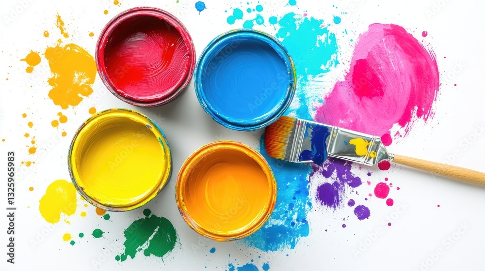Poster a top view of colorful paint buckets with a paintbrush and spilled dye, isolated on white, perfect f