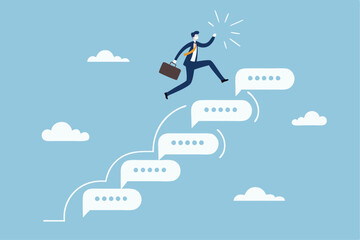Advice, discussion talking, guidance, tips or suggestion for business success, help, wisdom, feedback to help develop improvement concept, businessman walk up speech bubble as stair to reach success.