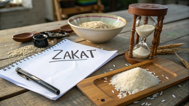 An A4 white paper placed on a paperboard, with word ‘ZAKAT’. To the side, a bowl filled with rice represents and an hourglass conveys the urgency and importance of timely charity