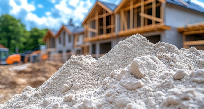 A site for building modern concrete houses, featuring a large pile of white sand, with a clear blue sky above