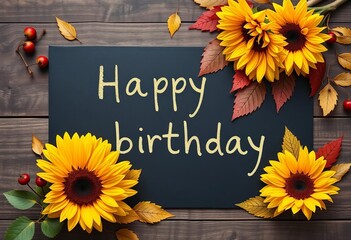 Happy birthday message on blackboard, autumnal sunflowers, rowan berries & leaves on wood Flat lay, wooden, september