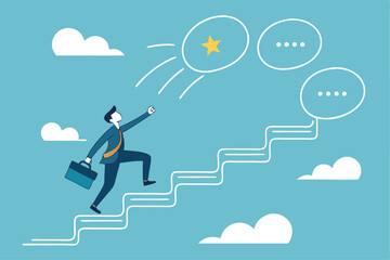 Advice, discussion talking, guidance, tips or suggestion for business success, help, wisdom, feedback to help develop improvement concept, businessman walk up speech bubble as stair to reach success.