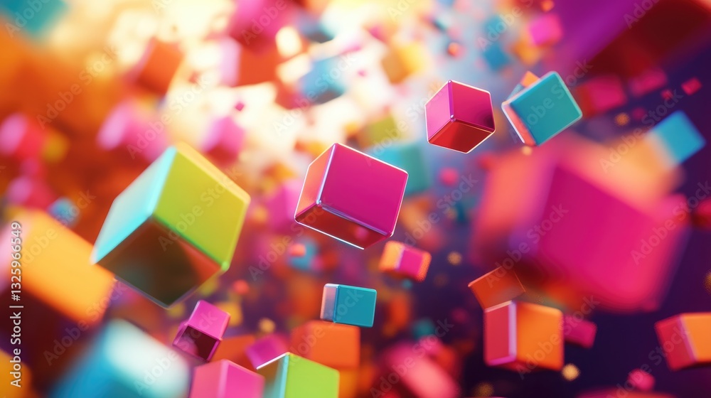 Poster A vibrant, abstract 3D scene with colorful cubes floating in digital space, representing the intersection of technology, creativity, and modern design