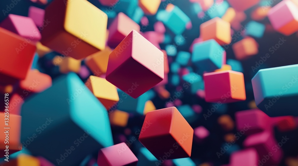 Poster a vibrant, abstract 3d scene with colorful cubes floating in digital space, representing the interse
