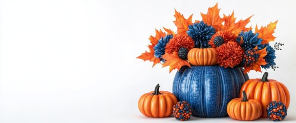 Seasonal home decor featuring ceramic pumpkins in multiple hues, displayed on a clean background with autumn leaves, suitable for holiday celebrations