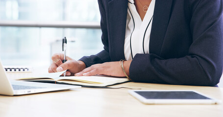 Notebook, planning and research with hands of employee in office for client portfolio, investment banker and writing. Financial advisor, capitol report and profit with budget of business person