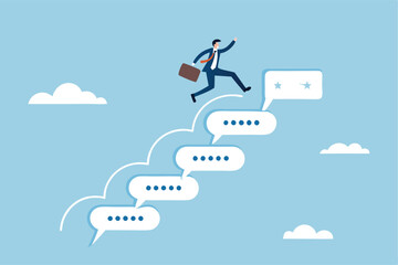 Advice, discussion talking, guidance, tips or suggestion for business success, help, wisdom, feedback to help develop improvement concept, businessman walk up speech bubble as stair to reach success.