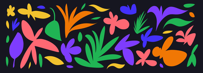 Abstract Colorful Botanical Vector Shapes on Black Background.